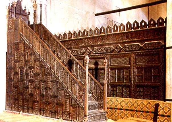 The oldest surviving Islamic Minbar, made of teak, in North Africa is located in the Great Mosque of Kairouan, Tunisia.