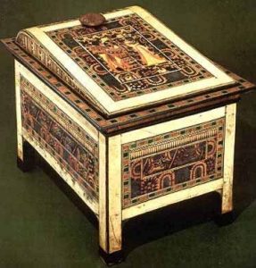 The surface of this chest is almost unsurpassed in its artistry and skill because it is nearly entirely decorated, using fine materials like ebony and ivory veneer, gold gilding, precious stones and beads. The designs depict the king and the queen in various activities.